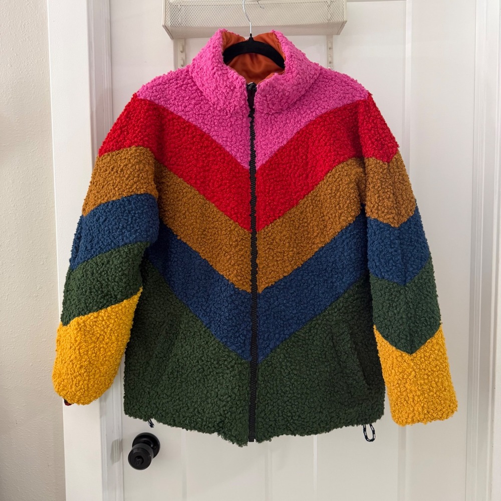 Farm Rio Macaw Print Reversible Faux Shearling Puffer‎ Jacket Multicolor Women S - Picture 4 of 7